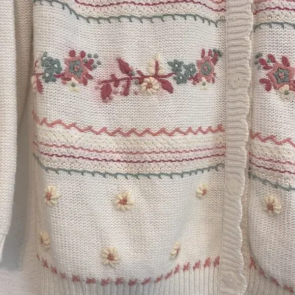 Vintage Knit Cardigan Sweater Small Oversized Knit Roses Grannycore Embroidered - Picture 2 of 6